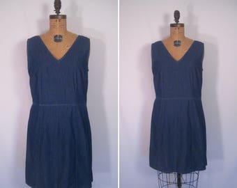 1970s denim sundress • 70s blue chambray minimalist summer dress • vintage easy does it dress