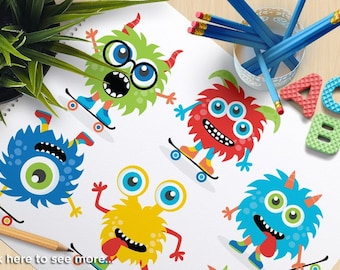 Monster Skaters Clipart, Skateboards, boy monsters, monster party, blue, monster birthday, commercial use, vector clipart, SVG cut files