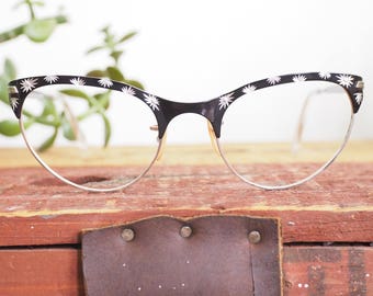 Vintage Eyeglass 1960's Cat eye Glasses Atomic Era Cateye Frames New Old Stock with etched Starburst design Good size 44-19 ebony
