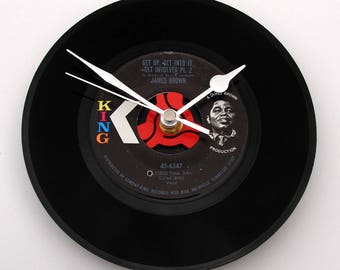 JAMES BROWN Vinyl Record CLOCK, a recycled 7" single, "Get Up, Get Into It, Get Involved", great gift for, Soul brother sisters, dad, mum