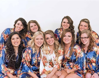 NAVY FLORAL SATIN Robe - Silk Kimono Robe - Floral Silk Robe - Floral Dressing Gown - Floral Bridal Robes - Floral Bridesmaid Robes