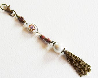 Bijou de Sac Vintage - Perles Lampwork, Shamballa, Gemme Pierre de Soleil, Pompon Métal Bronze - Bijou créateur, fait-main, pièce unique