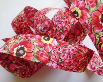 Red Floral Cotton Ribbon Trim, Red, 1 3/8" inch wide, 1 yard, For Victorian & Romantic Crafts