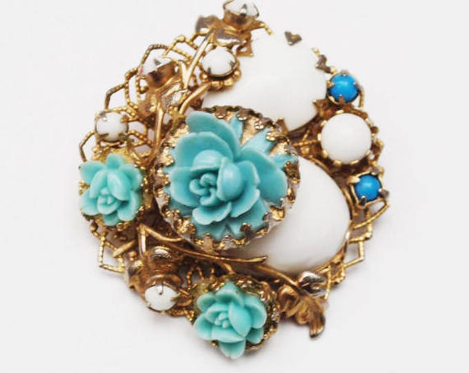 Blue Celluloid Flower brooch - White milk glass - Cluster cabochon pin - gold filigree floral pin