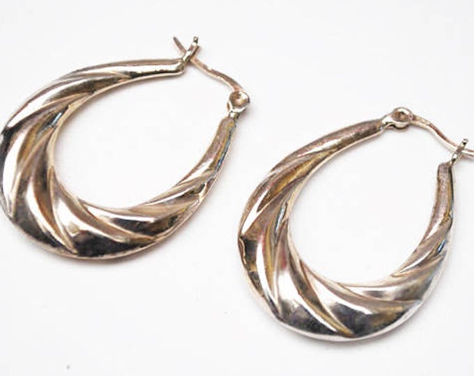 Large Sterling Hoop Earrings - puffy hallow sliver hoops - Modernistic design - twisted ribbed -style Signed 925 - pierced earrings