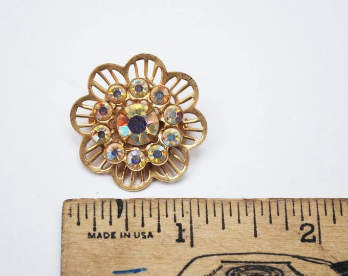 Rhinestone Flower Brooch - Aurora Borealis - Gold tone metal - Mid century Pin