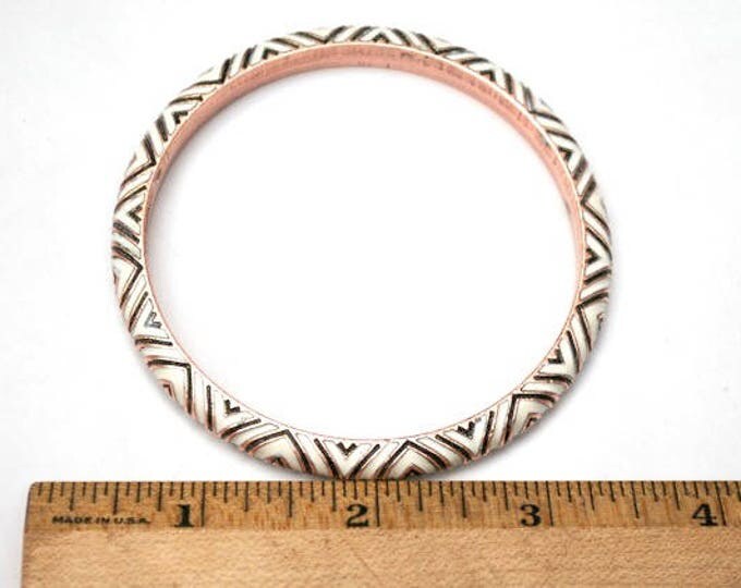 Copper Bangle - black white enamel - etched triangle - Boho Bracelet - Hippie