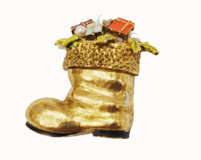 Christmas Stocking Brooch - Art Mode signed - gold boot- enamel presents -pearl - Holiday pin