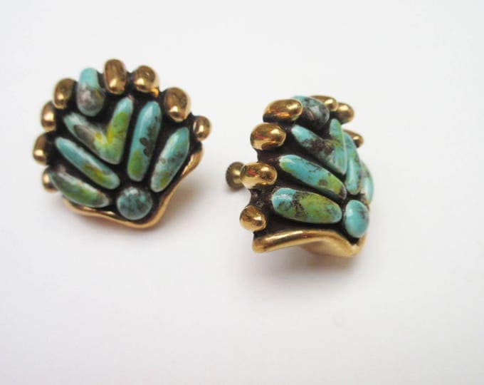 Tribal face brooch and earring set - Boho - Turquoise brown Ceramic pin and screw back earrings