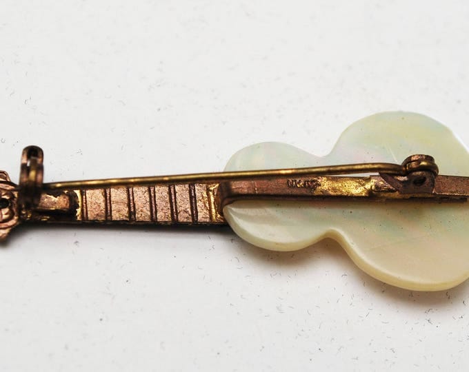 Guitar Brooch - Mother Of pearl - Signed Japan - white MOP - black enameling - gold brass - music Pin