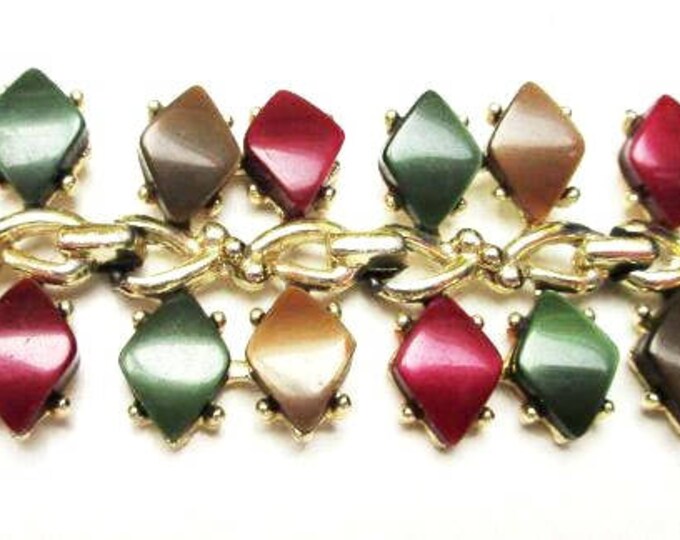 Thermoset Link Bracelet - Earthtone maroon brown olive green lucite - Gold tone setting - Mid Century