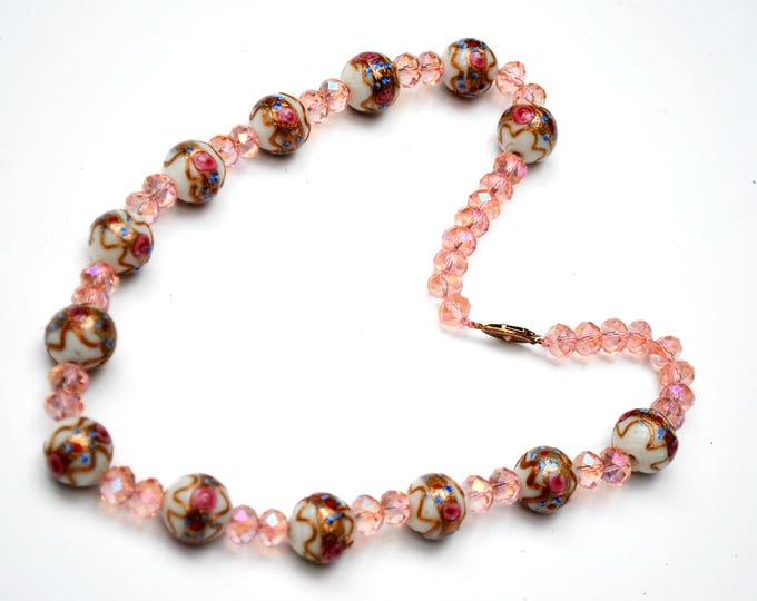 Pink Italian Bead necklace - Wedding cake - floral white gold pink Glass beads - Pink Crystal - Venitian - Murano -