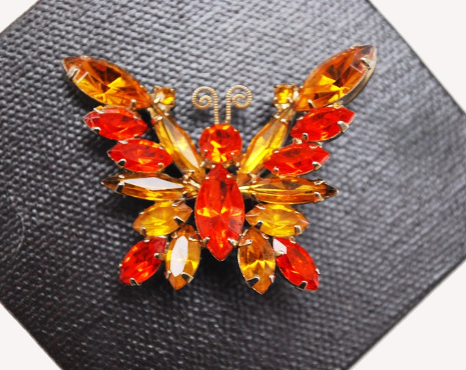 Butterfly Rhinestone Brooch - Orange Yellow crystal - gold - Insect pin - Mid Century Juliana style