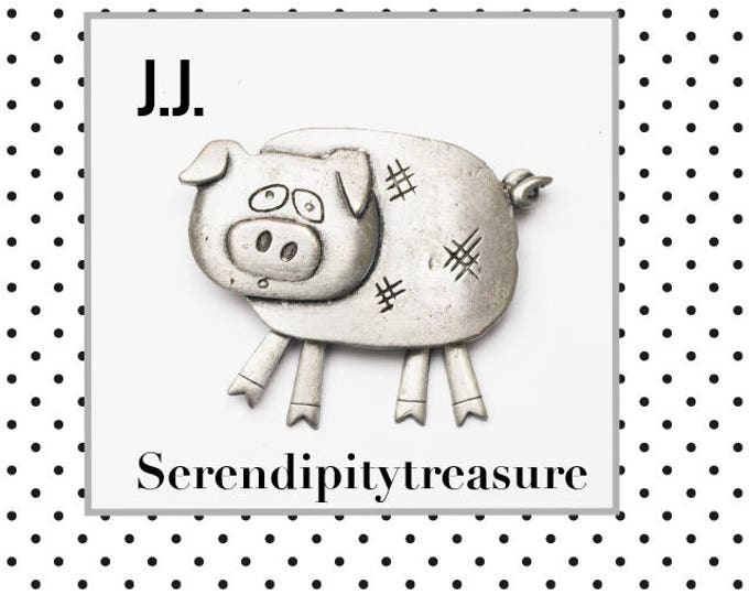 Pewter Pig Brooch - Signed JJ - Jonette Jewelry company - dangle legs - figurine pin