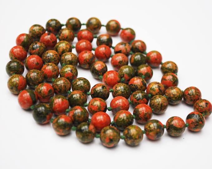 Polished Jasper bead Necklace - Red Green Gemstone - Natural stone - Gemstone Beads- green silk knots
