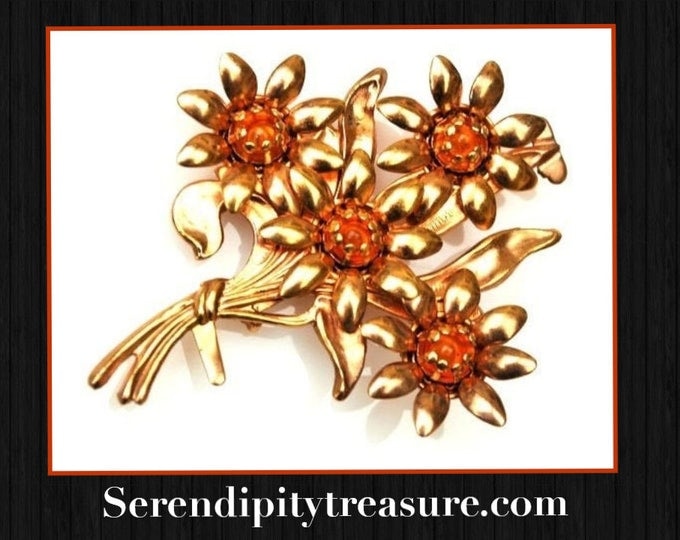 Gold Flower Brooch - Amber Orange Glass cabochon - Mid century - Floral Pin