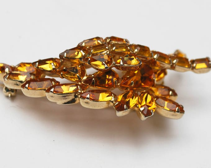 Rhinestone Brooch - signed Kramer of New York - Orange Crystal - leaf floral flower -gold plated metal - Mid Century - Large Pin