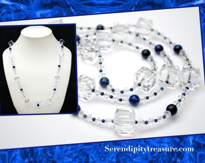 Blue Lapis Crystal Necklace square glass and polish gemstone Beads