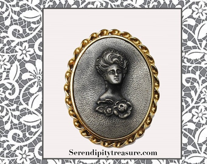 Raised Metal Cameo Brooch - Pewter rasied womenprofile - Gold metal - repousse grey metal Pin