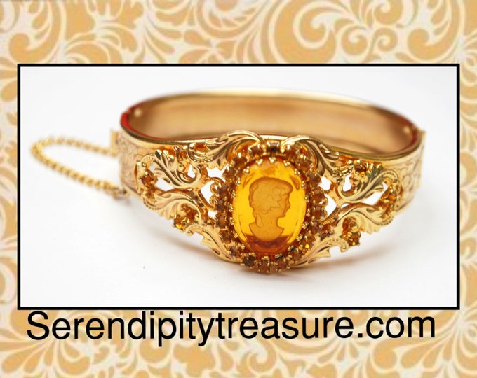 Intagio Cameo - Amber yellow orange glass - Reposse Gold Bangle - Victorian Revival - vintage gold plated Hinged bracelet - safety chain