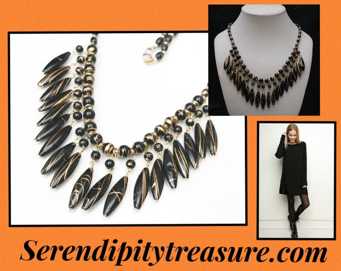 Black bead Bib Necklace - Gold Black Bead - Resin gold metal trim - Statement necklace