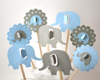 12 Blue & Grey Elephant Cupcake Toppers / Elephant Party Centerpiece / Elephant Baby Shower / Elephant Invitation / Elephant Party Decor