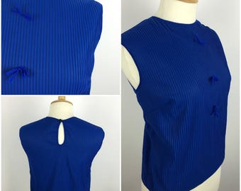 Vintage 1950s Top - 50s Blue Pintuck Blouse - Sleeveless - Pinup Rockabilly - Bow detail - Medium - UK 12-14 / US 8-10 / EU 40-42