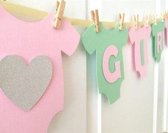 Baby One-Piece Bodysuit "BABY GIRL" Baby Shower Banner: Blush Pink and Green Baby Girl Shower Decoration