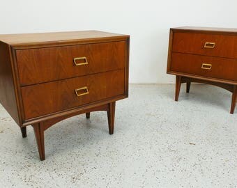 pair mid century modern walnut two drawer nightstands end tables with brass pulls