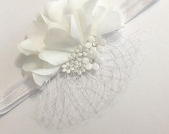 Baby girls Headband, Baby Headband, French Veil band, Flower Fabric Headband, Chiffon Headband, Photo Prop, Swarovski Crystals, Baby Girl