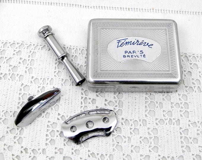 Vintage Unused Travel Folding Lady Safety Razor by Femireve from Paris in Engraved Metal Satin and Velvet Lined Box Complete with Blade,