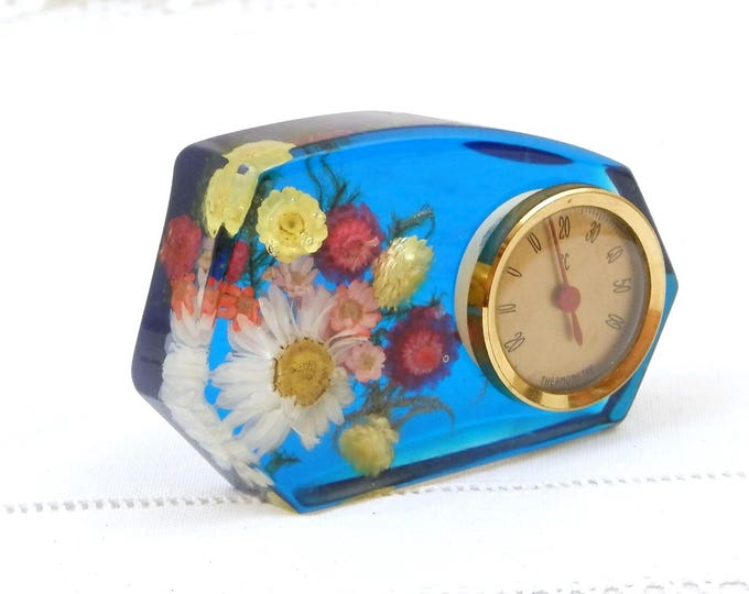 Vintage Mid Century 1960s Decorative Thermometer in Blue Transparent Resin with Dried Flowers, Novelty 1970 Retro Temperature Instrument