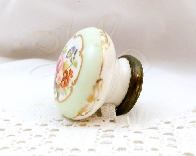 Vintage White Porcelain and Brass Hand Painted Floral Pattern with Mint Green and Gold Gilt Boarder Furniture Pull Handle / Knob