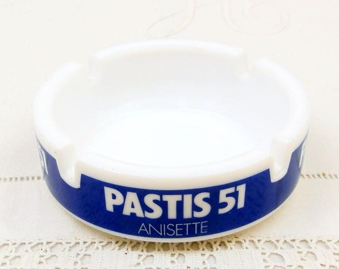 Vintage Mid Century 1960s White Milk Glass Pastis 51 Promotional Ashtray from France, Ricard Pernod Tobaccina, Retro Smoking Accessory