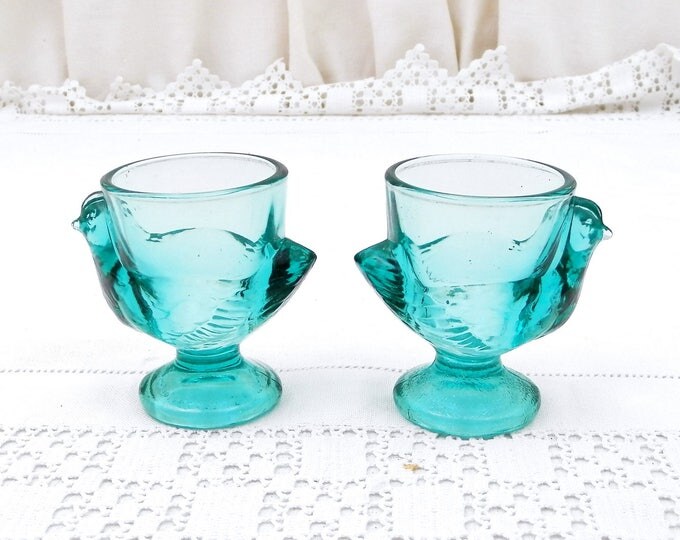 Pair Vintage Matching Green Glass French Verrie D'Arques Chicken Egg Cups, Retro Breakfast Accessory from France, Brocante Decor