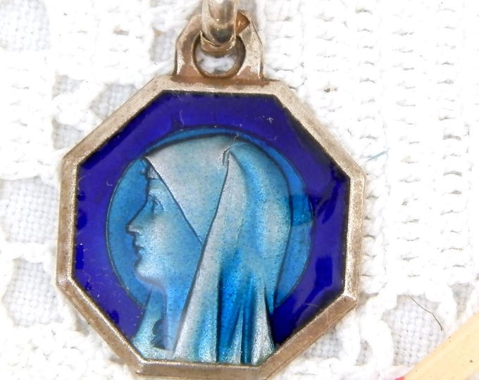 Large Vintage Virgin Mary Silver Plated and Blue Enamel Religious Medal with Apparition at Lourdes France, French Catholic Saints Charm