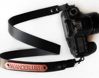 Leather Camera Strap, Personalized, Black Custom Camera Strap with Personalized Name, Photographer Gift for DSLR and SLR