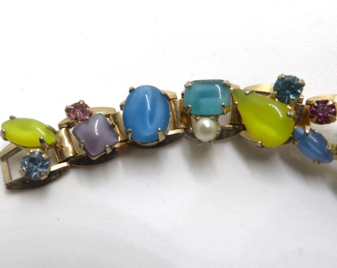 Art Glass Bracelet Multicolor Givre Glass Rhinestone Navettes 1960s Vintage Jewelry Statement Bracelet