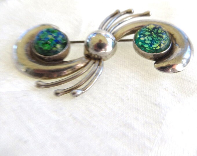 Sterling Fire Opal Brooch, Mexico Silver Pin, Signed AVM, Vintage Mexican Sterling Silver
