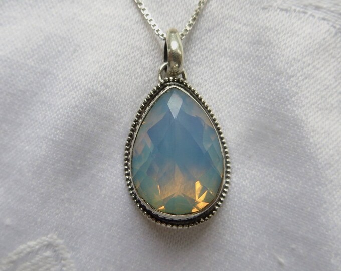 Sterling Opalite Necklace, Teardrop Shape, Stunning 6 CT Faceted Stone, Sterling 20" Chain