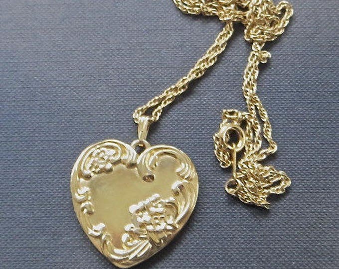 Art Nouveau Heart Necklace, 28" chain, Raised Relief Florals, Love Etched on Back, Nice For Layering