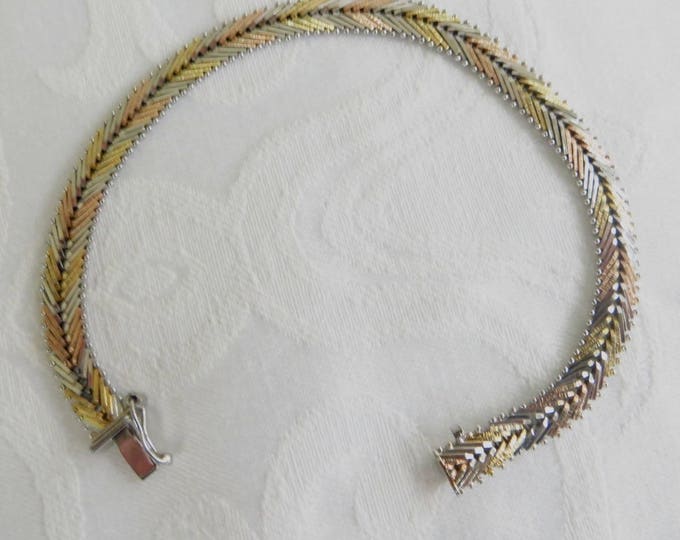 Vintage Sterling Bracelet, Mesh TriColor, Silver Yellow Rose Gold,