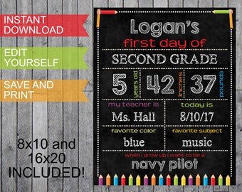 Back to School First Day of Chalkboard Signs Girls Boys Colored Pencils Grades - Personalized Instant Download 8x10 16x20 Digital Files