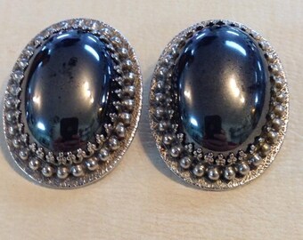 ON SALE Whiting & Davis Co Hematite Clip On Earrings 1960's Vintage Costume Jewelry