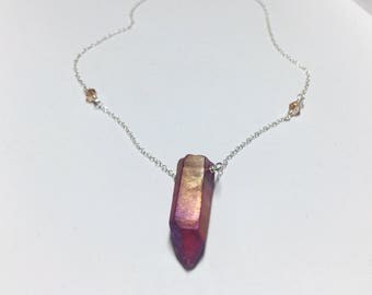 Rainbow Flash Red Quartz Necklace • Amber Orange Crystal • Solid Sterling Silver • Kyber Crystal Inspired