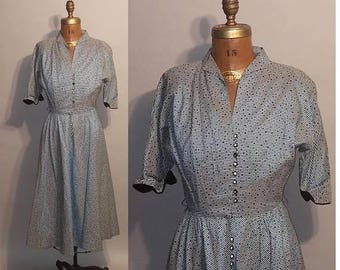 ON SALE 1950's Lucy Dress 50's Knubbed Fabric Taffeta A-Line Polka Dots Velvet Cuffed Womens Dress - S