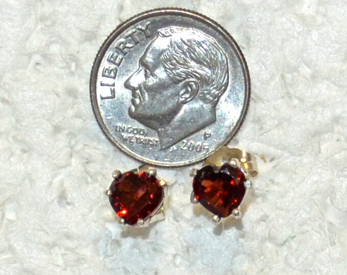 Red Garnet Stud Earrings, 6mm Hearts, Natural, Set in Sterling Silver E1084