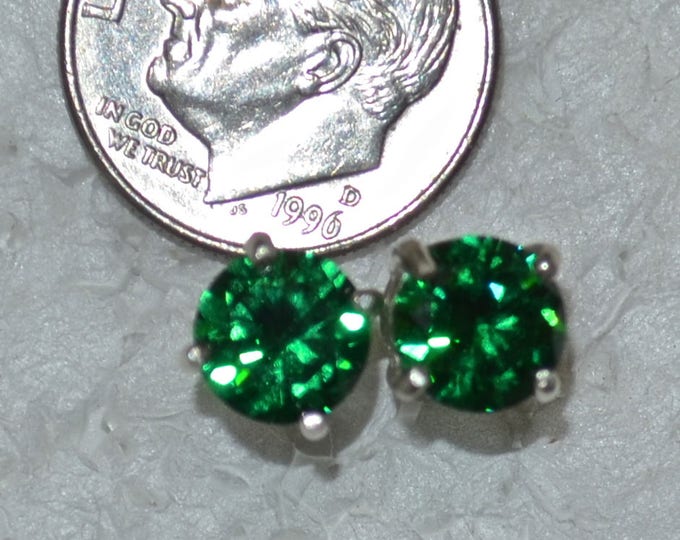 Green Zircon Studs, 7mm Round, Natural, Set in Sterling Silver E1097