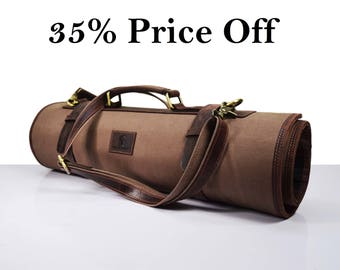 DISCOUNT 35% ! Canvas and Leather knife Roll. Knife Case Chefs Roll Chefs Bag Knives Storage Knives Roll Custom Leather Case