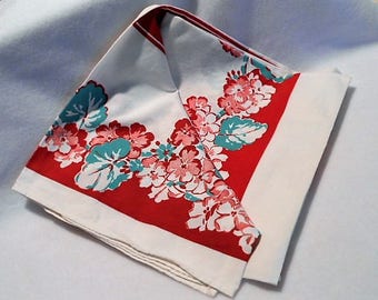 Red Floral Cotton and Linen Tablecloth, c. 1960
